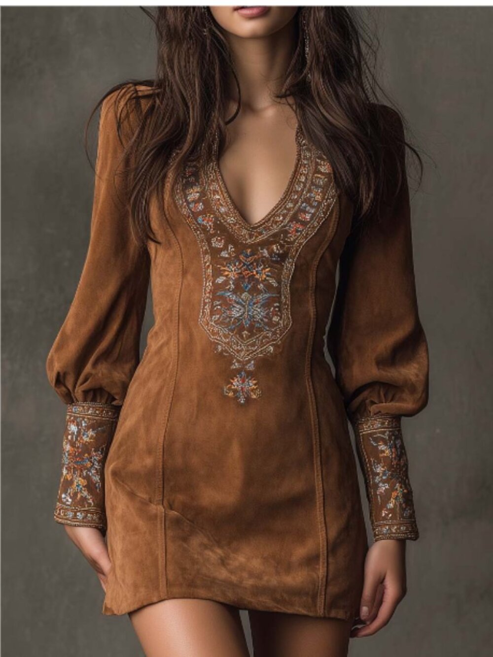 FuTario Vintage Suede Embroidered Mini Dress With Long Sleeves sz XS  NWT